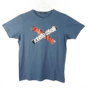 Roberto Cavalli Blue Cross Tape Logo Graphic Short Sleeve Shirt